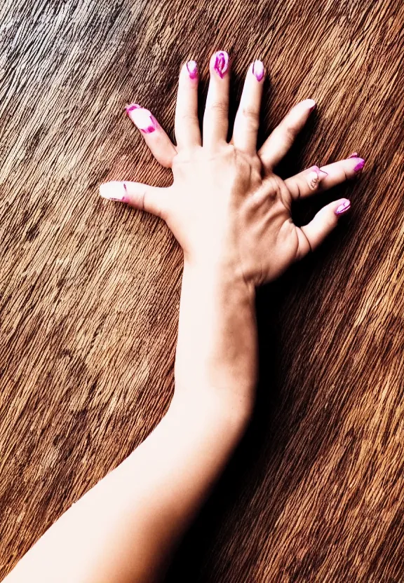 Image similar to an instagram photo of one ultra detailed woman's palm held against the floor, instagram photo, studio photo