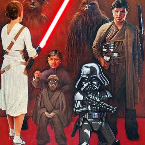 Image similar to star wars movie poster in the style of norman rockwell, detailed painting, 8 k