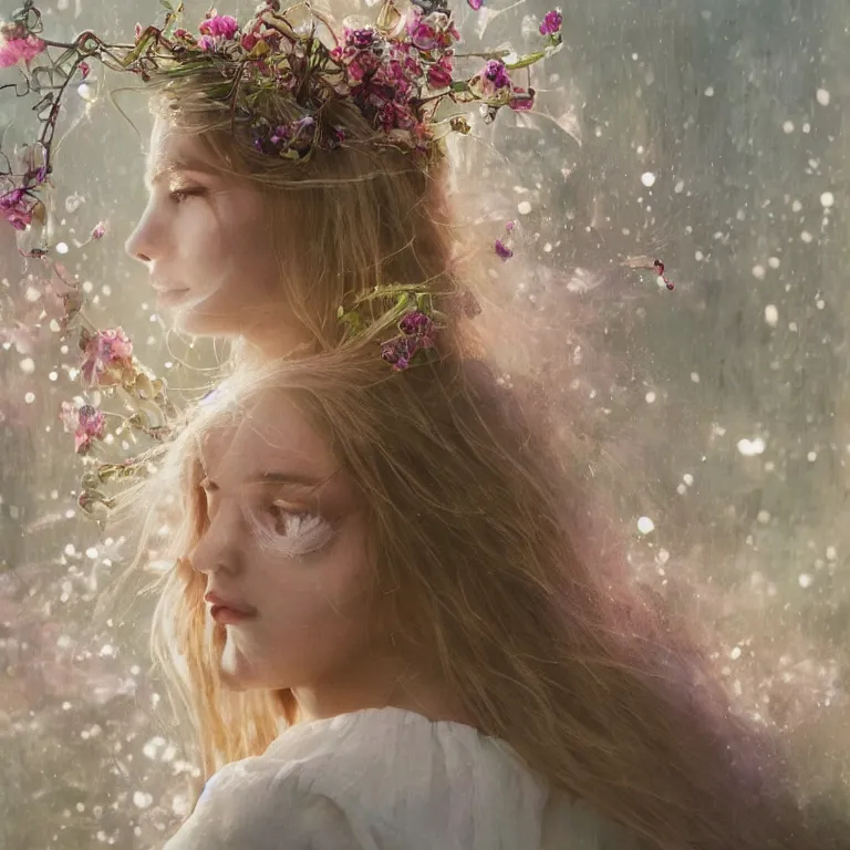 Prompt: a blonde girl in white dress in beautiful window, necklace with a fruit seed ornament, ocean eyes, light freckles, incense smoke and flowers in the background, portrait, mucha, conceptart, medium shot, unreal, octane, symmetrical, photorealism.