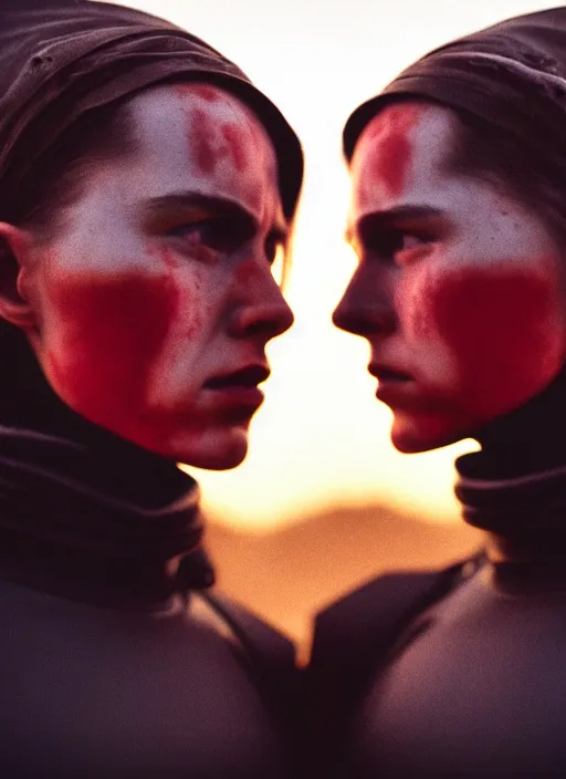 Image similar to cinestill 5 0 d photographic portrait of two loving female androids wearing rugged black techwear on a desolate plain with a red sky, extreme closeup, cyberpunk style, in front of a brutalist dark metal facility, dust storm, 8 k, hd, high resolution, 3 5 mm, f / 3 2, ultra realistic faces, ex machina