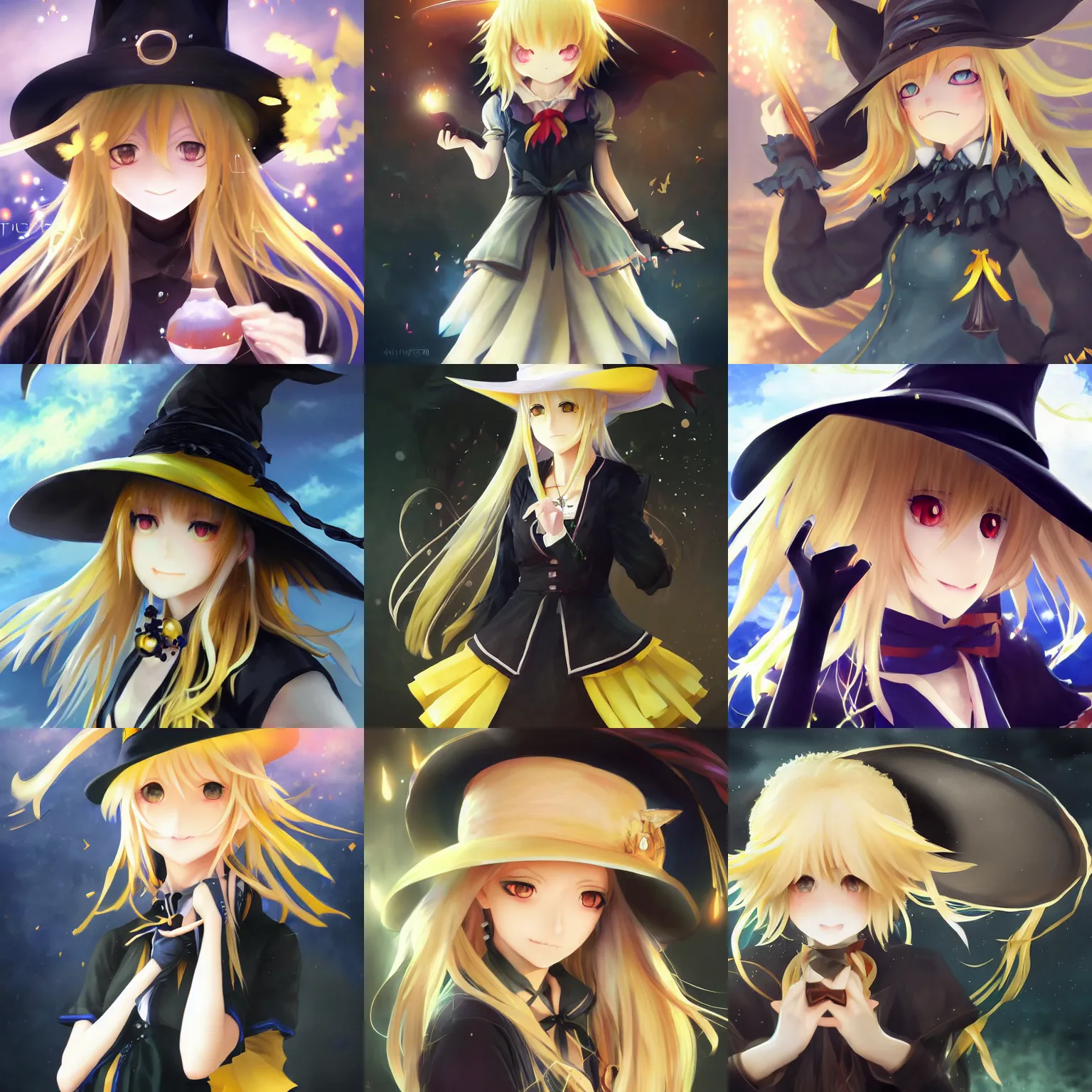 Prompt: pixiv artwork portrait of cute witch marisa kirisame from touhou project, marisa kirisame touhou artwork black hat blonde hair ultradetailed sparkling yellow eyes by greg rutkowski makoto shinkai sakimichan key art 4 k 8 k ultrahd trending award winning