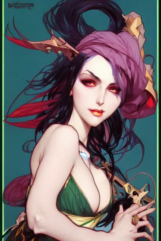 Image similar to morrigan from darkstalkers, intricate illustration by krenz cushart, alphonse mucha, artgerm, trending on artstation