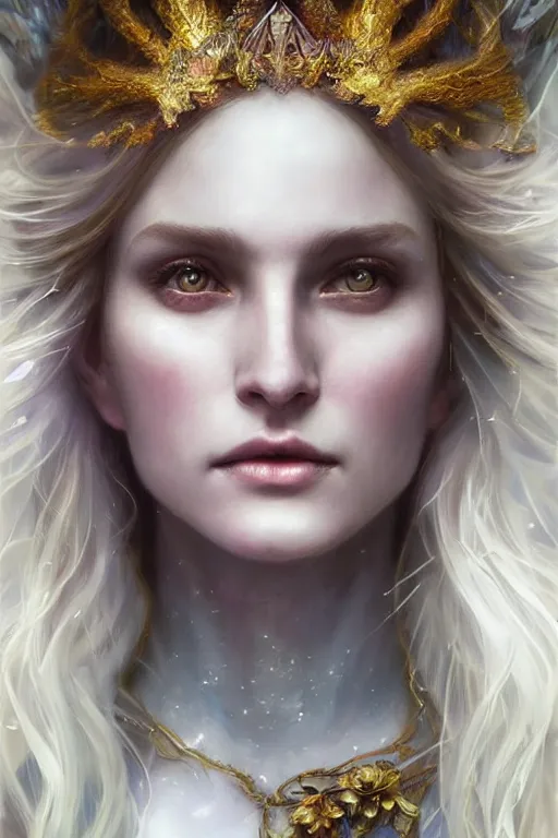 Image similar to realistic portrait of a beautiful white witch, crafting spells, bright witch, beautiful face, fantasy, chaos, magic, dark magic, dramatic lighting, intricate, wild, highly detailed, digital painting, artstation, concept art, smooth, sharp focus, illustration, art by artgerm and greg rutkowski and alphonse mucha, footage from space camera