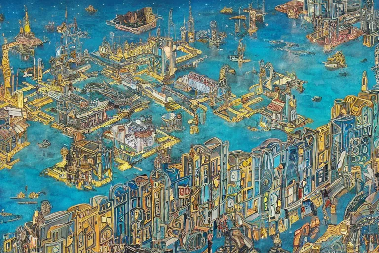 Prompt: an elaborate and dense painting of a peaceful neighborhood in tron, detailed, made of alcohol ink on parchment and penned illustrations, by wes anderson and geoff darrow