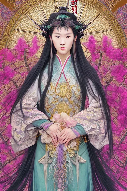 Prompt: beautiful ancient fantasy portrait of wuxia armored heroine wearing like Xian Xia wardrobe, in forbidden City, hybrid from Dynasty Warriror, flowers sea rainning everywhere, intricate, very very beautiful, elegant, highly detailed, digital painting, beautiful glowing galaxy eyes, artstation, fantasy concept art, smooth, sharp focus, illustration, art by WLOP and alphonse mucha and tian zi