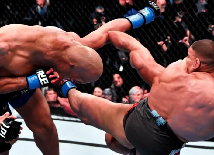 Prompt: dwayne the rock johnson knocking out an opponent in the ufc, 4 k, photorealistic