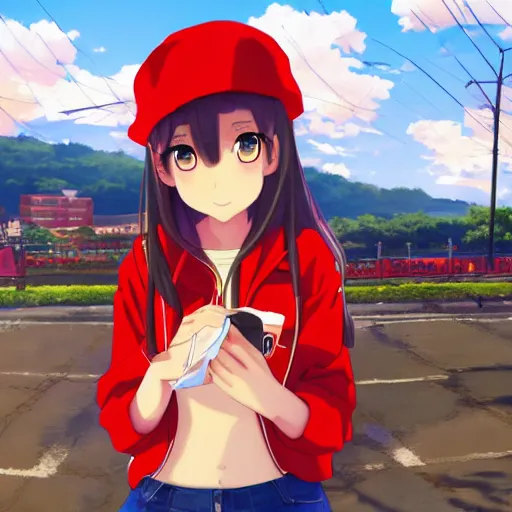 Prompt: close up of a high definition anime girl with a red cap in a red bike with the word \'rappi\' in it with armenia quindio in the background , Artwork by Makoto Shinkai, pixiv, 8k, official media, wallpaper, hd