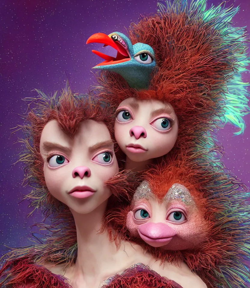 Image similar to hyper detailed 3d render like a Oil painting - kawaii portrait of hopeful lovers hugging tight or kissing pecking adorably Aurora (a beautiful girl skeksis muppet fae princess protective playful expressive acrobatic from dark crystal that looks like Anya Taylor-Joy) seen red carpet photoshoot in UVIVF posing in scaly dress to Eat of the Strangling network of yellowcake aerochrome and milky Fruit and His delicate Hands hold of gossamer polyp blossoms bring iridescent fungal flowers whose spores black the foolish stars by Jacek Yerka, Ilya Kuvshinov, Mariusz Lewandowski, Houdini algorithmic generative render, golen ratio, Abstract brush strokes, Masterpiece, Edward Hopper and James Gilleard, Zdzislaw Beksinski, Mark Ryden, Wolfgang Lettl, hints of Yayoi Kasuma and Dr. Seuss, Grant Wood, octane render, 8k