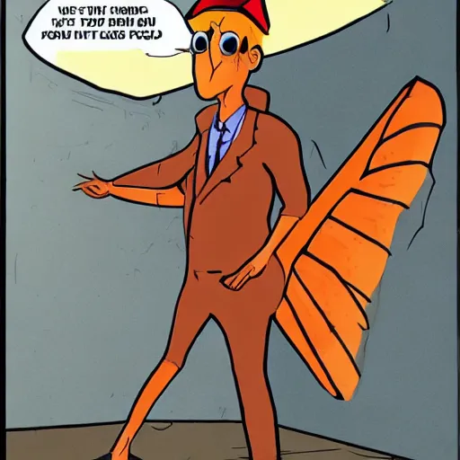 Image similar to ripped physique winged man Norm MacDonald disguised as a mothra whilst wearing a traffic cone hat brian k. vaughan