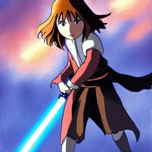 Image similar to a young jedi woman with a lightsaber, from studio ghibli!!!'s star wars anime, sci - fi, animation