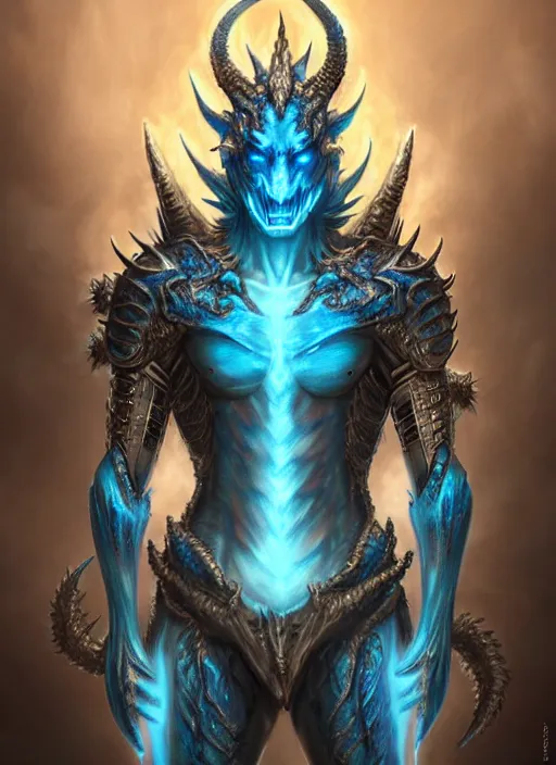 Image similar to muscular and tall blue ghostly fire humanoid dragon!!!! draconian!! intricate ornate iridescent heavy armor!! character concept art, sharp focus, octane render! unreal engine 5! highly rendered!! trending on artstation!! detailed linework!! illustration by artgerm, wlop, and chie yoshii