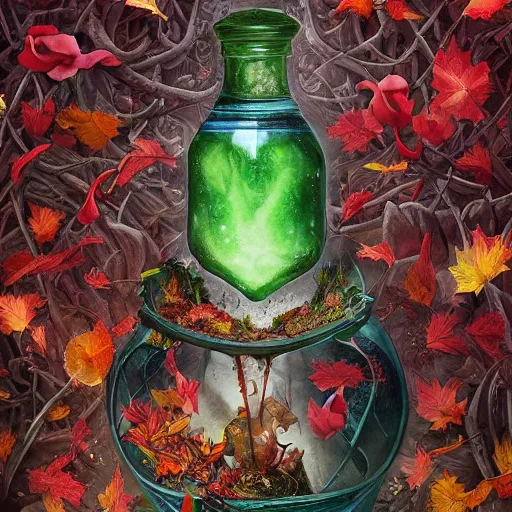 Image similar to Hell and heaven, captured in bottles, a heart full of envy, The Autumn Plague Gardener, the theme of Alice in Wonderland, digital painting, its softness partakes of fluidity, illustration, deep dark, artstation, intricate, biodiversity in a world of change and constancy, ue5, by deiv calviz and bossmonsterbani