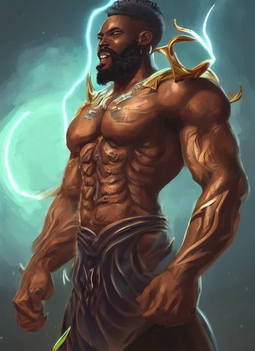 Prompt: a highly detailed illustration of bearded short fade hair african warrior god of lightning, evil summoning lightning from hands pose, moonlit clouds background, muscular, intricate, elegant, highly detailed, centered, digital painting, artstation, concept art, smooth, sharp focus, league of legends concept art, WLOP