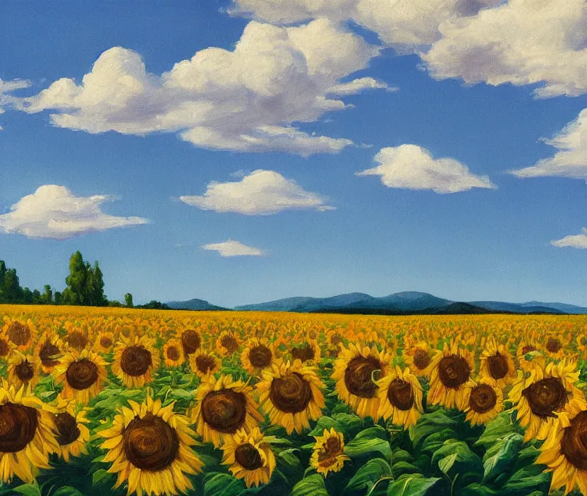 Image similar to a very detailed painting of a sunflower field, baby blue sky with very aesthetic stylized clouds, there is an ad billboard on the field, there are blue mountains in the back, in the style of edward hopper and hugo pondz, very fine brushstrokes, 4 k,