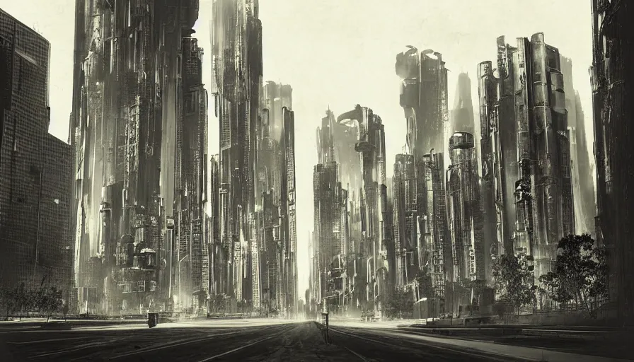 Image similar to platinotype photograph of a sci-fi futuristic city