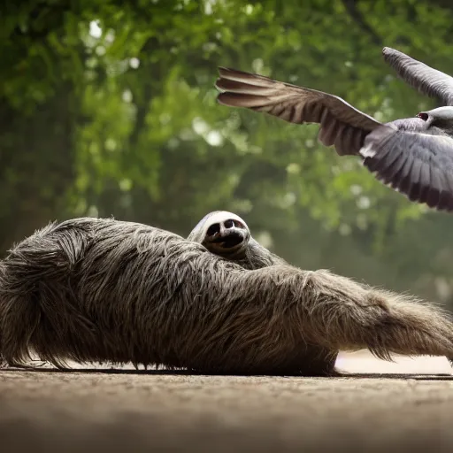 Prompt: sloth fighting a pigeon, aggressive sloth fighting a muscled pigeon, best photo award, high quality 8 k, cinematic lighting