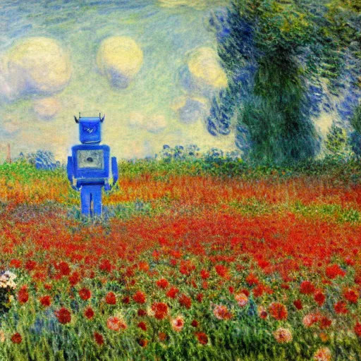 Image similar to a robot standing on flower garden, watercolor art, 1 8 8 0 s, calude monet style, colorfule, hd, uhd
