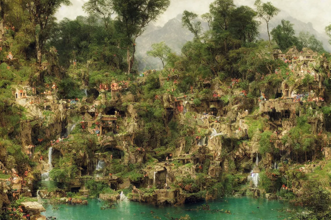 Image similar to a small village by a lake, waterfalls, cascades, very detailed, by john berkey, albert bierstadt, ruan jia, lawrence alma tadema, zdzislaw beksinski, carl spitzweg, everett raymond kinstler, norman rockwell, jack kirby, tom lovell, greg staples