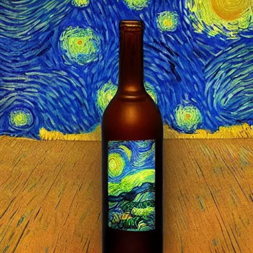 Image similar to a bottle on display filled by the sky painting by van gogh starry night, by van gogh