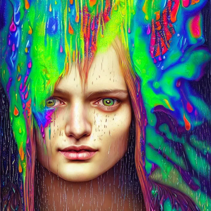 Prompt: bright psychedelic portrait with rain on face and wet hair, wings, smiling, diffuse lighting, fantasy, intricate, elegant, highly detailed, lifelike, photorealistic, digital painting, artstation, illustration, concept art, smooth, sharp focus, art by John Collier and Albert Aublet and Krenz Cushart and Artem Demura and Alphonse Mucha