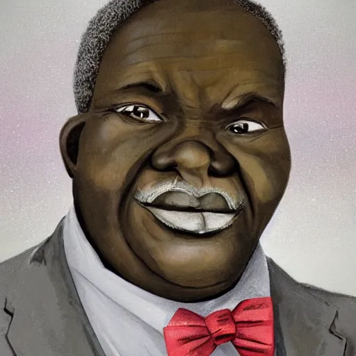 Image similar to a fatherly, aquiline nose, wide forehead, round face, XXL , loving, caring, generous, ever-present, humble, wise elder from Kenya with a friendly expression in a grey suit and red tie painted by Kara Walker. Fatherly/daddy, focused, loving, leader, relaxed,. ethereal lights, details, smooth, sharp focus, illustration, realistic, cinematic, artstation, award winning, rgb , unreal engine, octane render, cinematic light, macro, depth of field, blur, red light and clouds from the back, highly detailed epic cinematic concept art CG render made in Maya, Blender and Photoshop, octane render, excellent composition, dynamic dramatic cinematic lighting, aesthetic, very inspirational, arthouse.