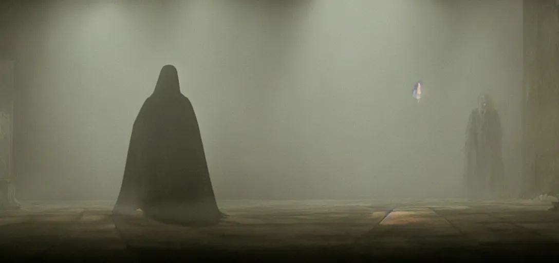 Prompt: prince of darkness waking from his coffin, foggy, cinematic shot, photo still from movie by denis villeneuve, wayne barlowe