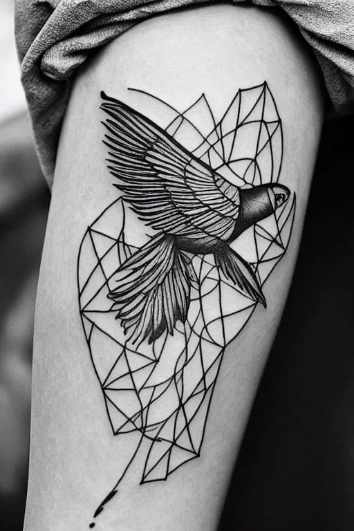 Image similar to a beautiful tattoo design of minimalist flying swallows, flying into geometric spirals, black ink, abstract logo, line art