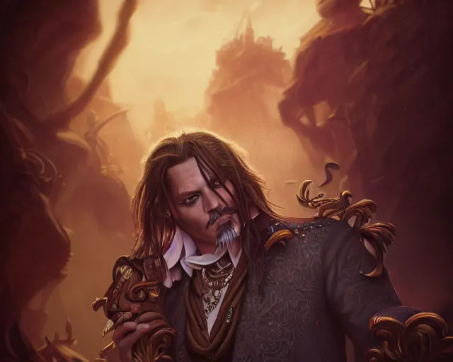 Image similar to photography of johnny depp, deep focus, d & d, fantasy, intricate, elegant, highly detailed, digital painting, artstation, concept art, matte, sharp focus, illustration, hearthstone,