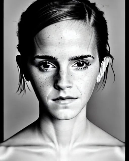 Image similar to symmetrical emma watson portrait cream white background, soft diffused light, bjork aesthetic, translucent, by rineke dijkstra, intricate details, highly detailed, masterpiece,