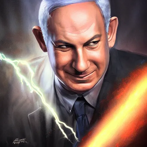 Image similar to portrait of benjamin netanyahu smirking while holding lightning bolts with his hands, by artgerm and greg rutkowski