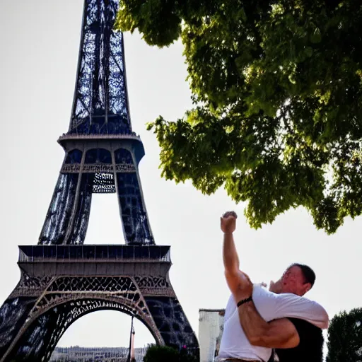 Image similar to photo of john cena hugging the eiffel tower