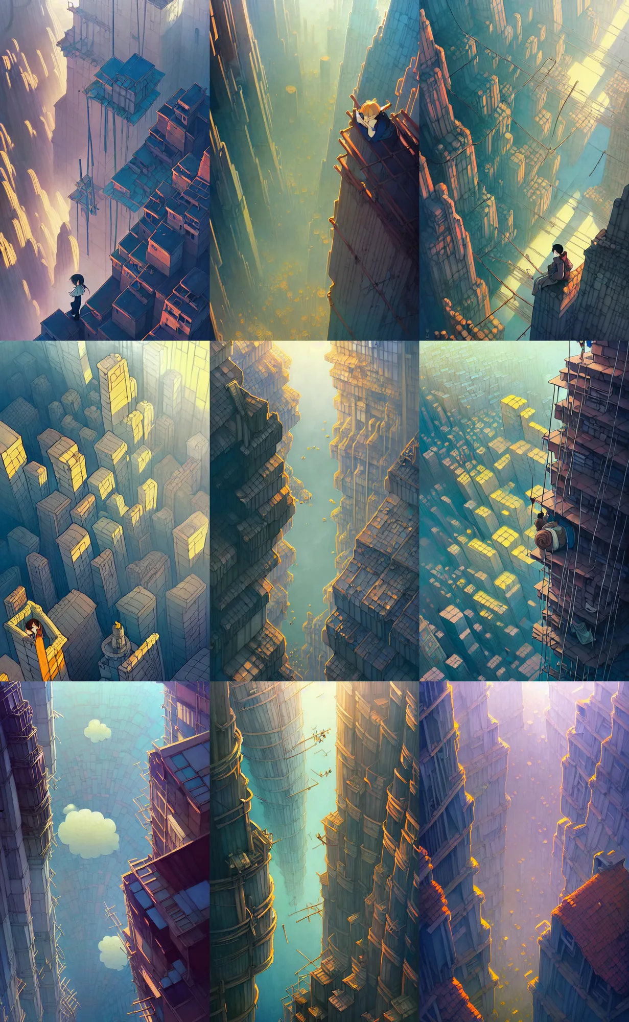 Prompt: a looking down from above, vertigo, bottomless void, thin cylindrical towers of ancient crumbling masonry, scaffolding, cracks, rubble, makeshift houses, rise above clouds, studio ghibli, pixar and disney animation, sharp, illustration by mandy jurgens and alphonse mucha and ruan jia, cold color palate, bloom, dramatic lighting