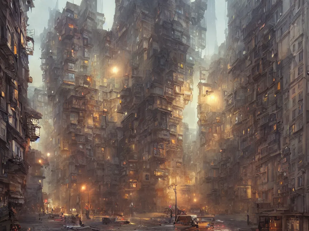 Prompt: photography of the city inspired by dostoevsky, photo realism, matte painting by marc simonetti and rhads, trending on artstation