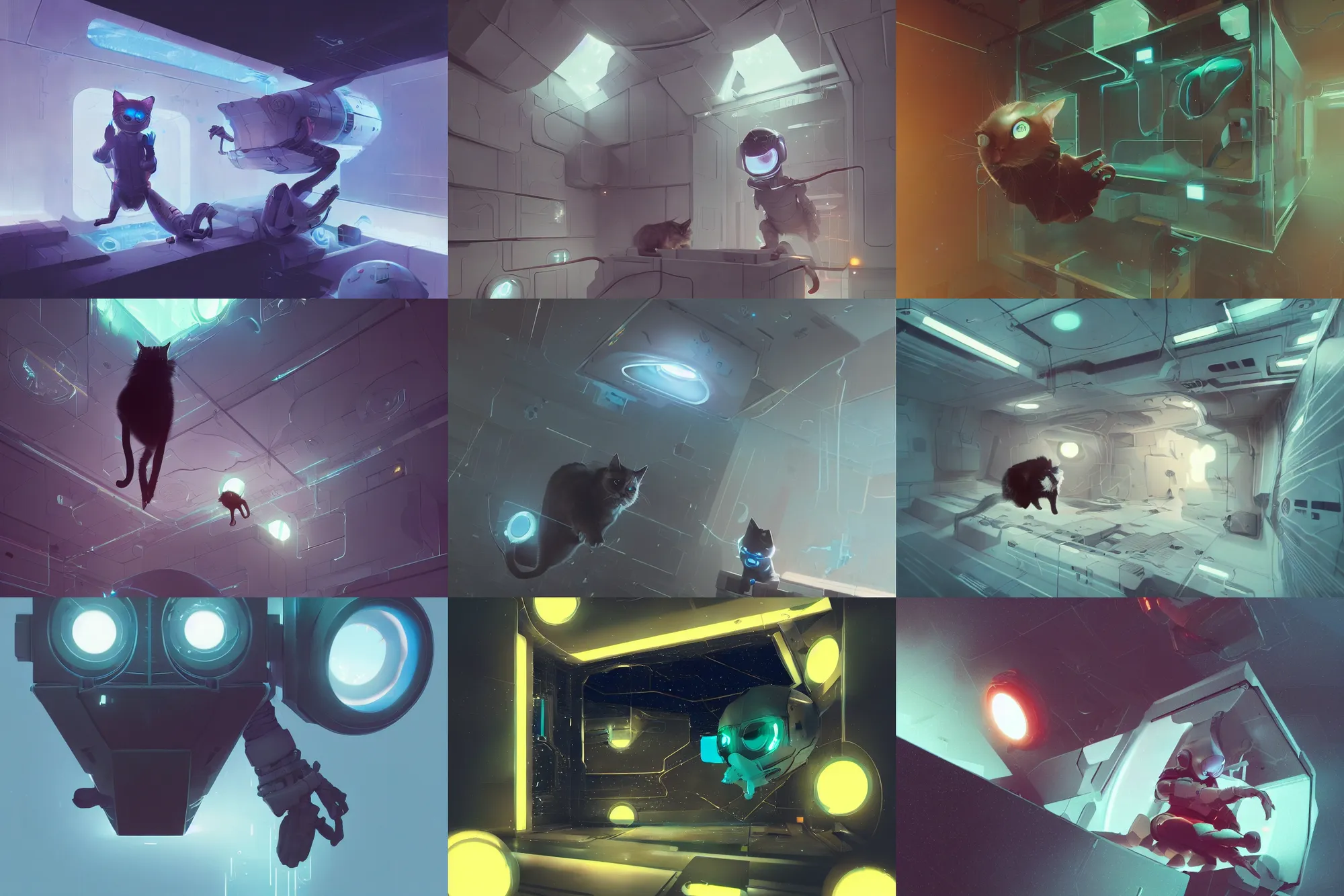 Prompt: duotone noir scifi cat inside box floating zero gravity glowing 3 d mesh portals futuristic, glowing eyes, octane render, volumetric lighting, by sachin teng and sergey kolesov and ruan jia and heng z, scifi, fantasy, hyper detailed