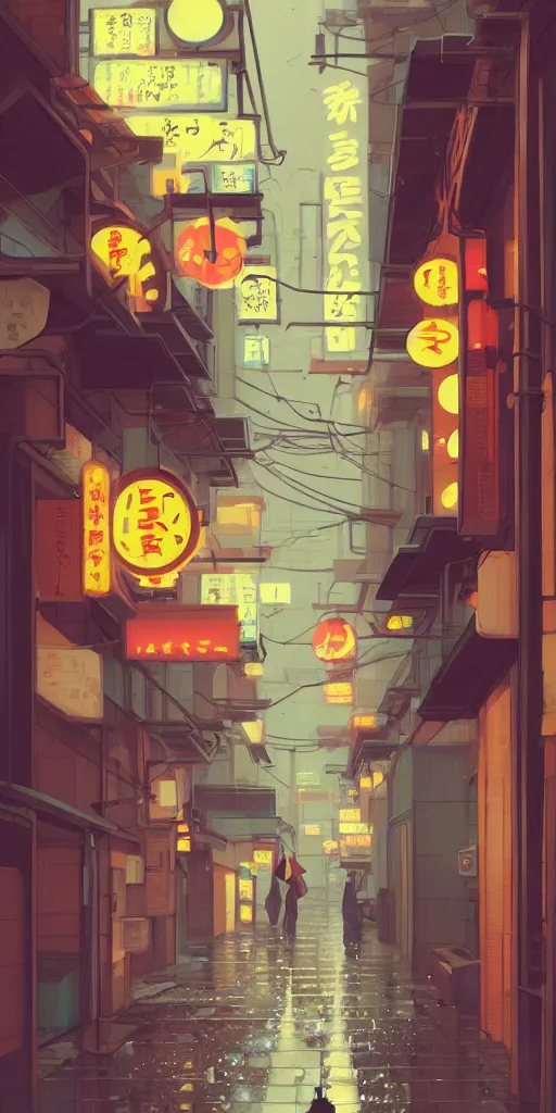 Image similar to tokyo alleyway, rainy day, arcade, by cory loftis, makoto shinkai, hasui kawase, james gilleard, beautiful, serene, peaceful, lonely, golden curve composition