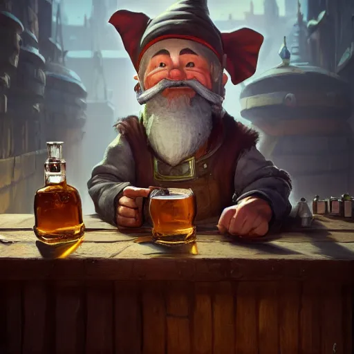 Image similar to A Gnome brewmaster inspecting the whiskey in his flask by Greg Rutkowski, 4k photorealistic, volumetric lighting, HD, high details, dramatic, trending on artstation
