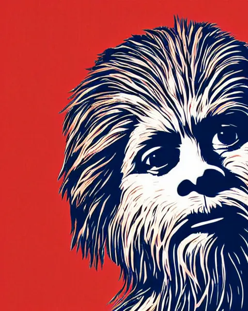 Image similar to chewbacca presidential election poster showing close up of chewbacca face red and blue duotone by sheperd fairey no text