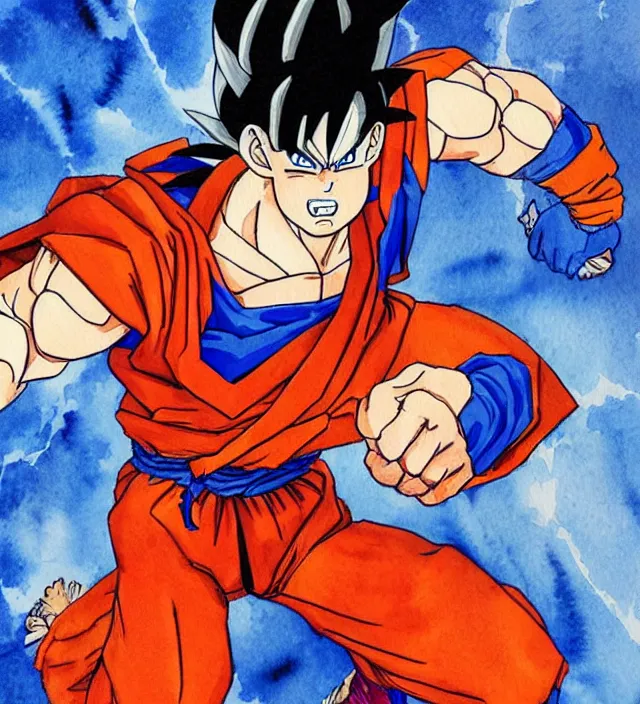 Image similar to a 3 / 4 view watercolor ink painting of goku as a superhero in the style of jean giraud in the style of moebius trending on artstation deviantart pinterest detailed realistic hd 8 k high resolution