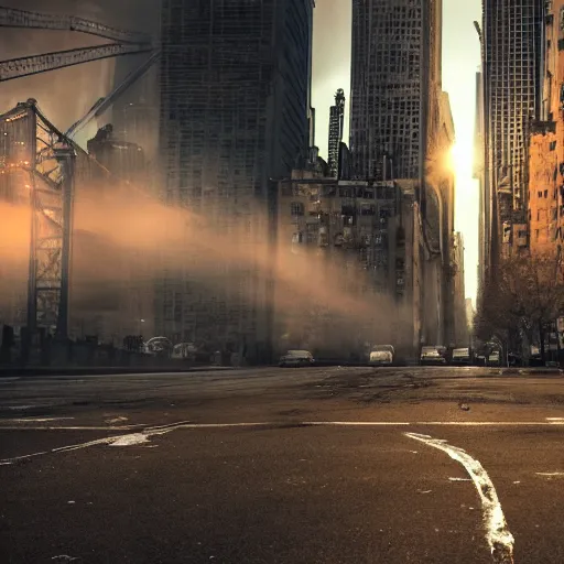 Image similar to post - apocalyptic new york city, cinematic, wide shot, movie screenshot