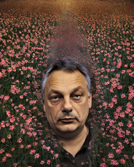 Image similar to viktor orban, made of wildflowers, in the style of the dutch masters and gregory crewdson, dark and moody