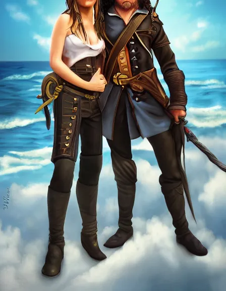 Image similar to couple in love. fully clothed armed female pirate captain, rachel wall, with a male pirate partner, sun, summer, blue eyes, beauty, wisdom, love, strength, knowledge, smart, portrait, symmetrical, highly detailed, digital painting, artstation, smooth, sharp focus, illustration, strength, latino art. 8 k