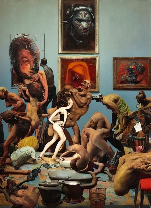 Prompt: realistic detailed image of Contemporary exhibition with obsidian statues in the style of Francis Bacon, Surreal, Norman Rockwell and James Jean, Greg Hildebrandt, and Mark Brooks, triadic color scheme, By Greg Rutkowski, in the style of Francis Bacon and Syd Mead and Edward Hopper and Norman Rockwell and Beksinski, open ceiling, highly detailed, painted by Francis Bacon, painted by James Gilleard, surrealism, airbrush, Ilya Kuvshinov, WLOP, Stanley Artgerm, very coherent, art by Takato Yamamoto and James Jean