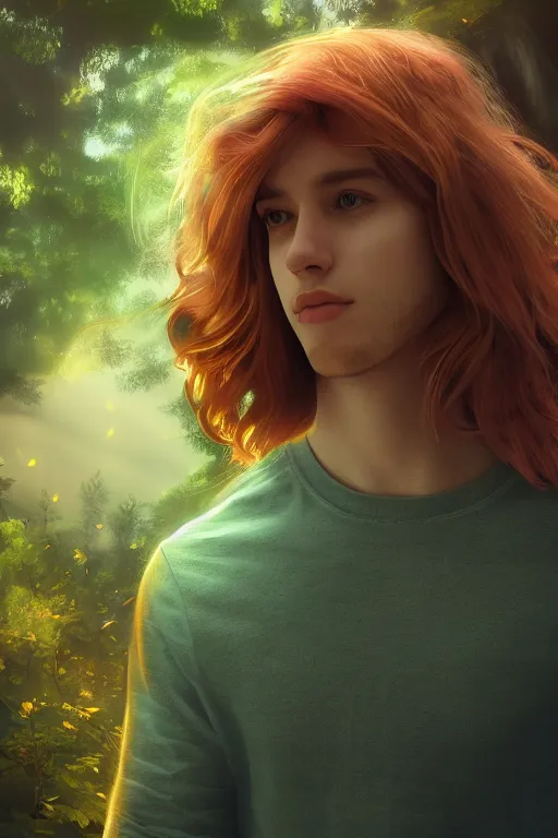 Prompt: pretty young man with long golden hair, trees, detailed forest background, webtoon, breathtaking scenery, colourful, 8 k, graphic novel, digital art trending on artstation, volumetric lighting, octane render, cinematic, hyper detailed, magical atmosphere