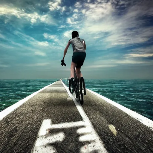 Prompt: You bicycling on a concrete path entering the murky ocean:POV+ultra hyperrealistic+detailed+high quality+ photorealistic+photography+HD+