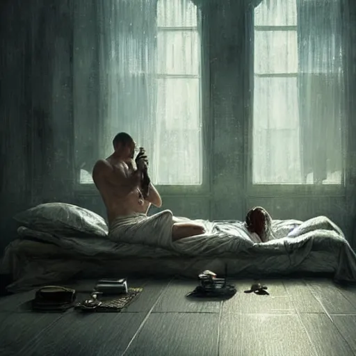 Image similar to Till Lindemann, lying in bed, blushing, A telephone receiver in hand, fantasy art by Greg Rutkowski