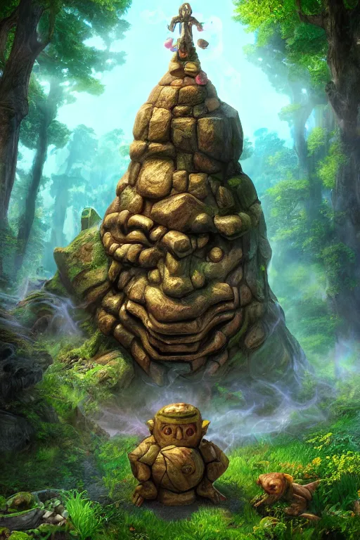 Image similar to zelda fantasy art giant golem elemental wood rock greeble gemstone enchanted forest troll, global illumination ray tracing hdr fanart arstation by sung choi and eric pfeiffer and gabriel garza and casper konefal bastion forged hardmesh lisa frank zbrush central radiating a glowing aura global illumination ray tracing hdr