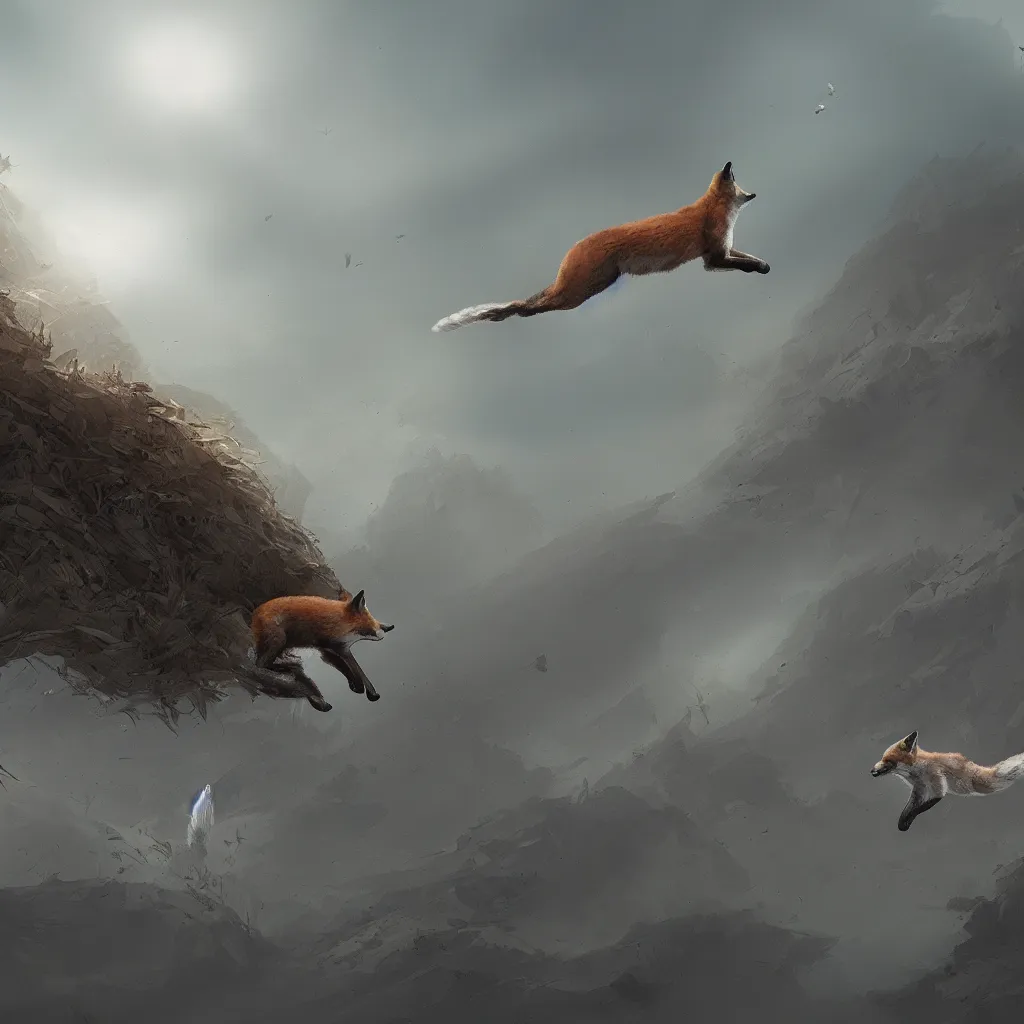 Prompt: fox flying through landscape, concept art, cinematic lighting, artstyle isaiah saxon