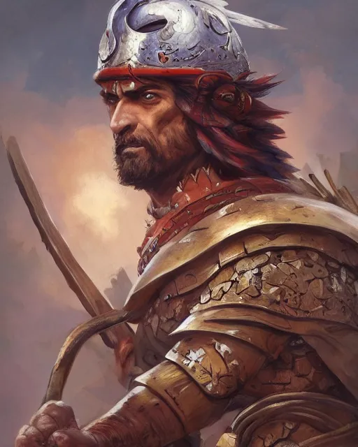 Prompt: illustration of an angry spanish conquistador in battle by filipe pagliuso and justin gerard, symmetric, anatomy, facial features, detailed, intricate, portrait, digital painting, princess mononoke color scheme, trending on artstation, masterpiece