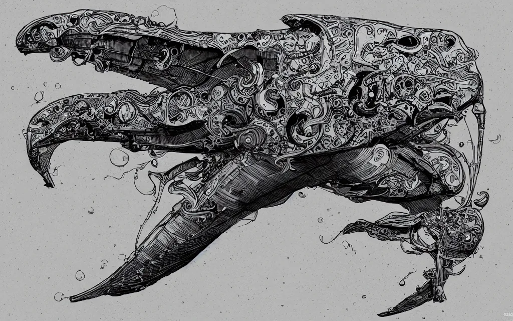 Image similar to biomechanical flying whale, in the style of james jean and laurie greasley, dynamic composition, dramatic lighting, ultra detailed, nitro colors