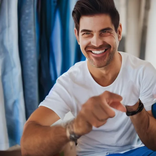 Prompt: stock photo of man smiling and pointing at the camera, white tee-shirt, blue pants, studio shot